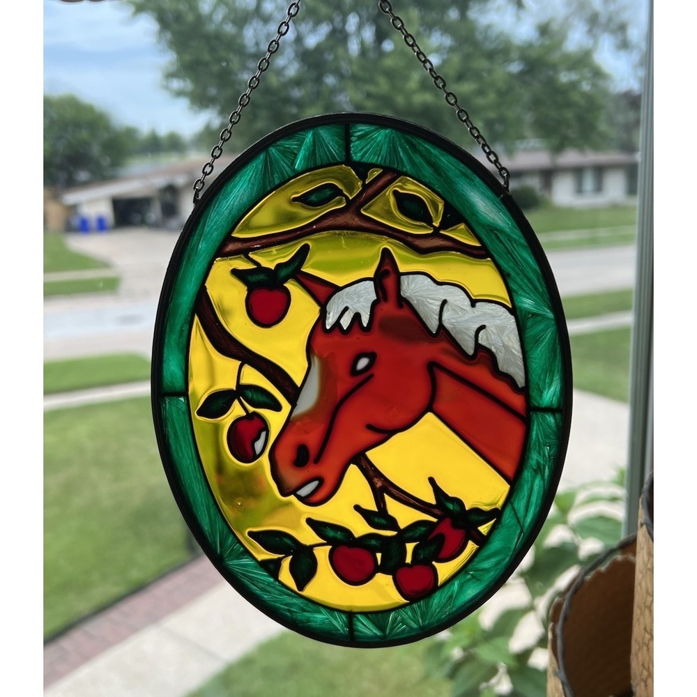 Vintage Horse Window Hanging Art Glass Panel Metal Frame Equestrian‎ Suncatcher